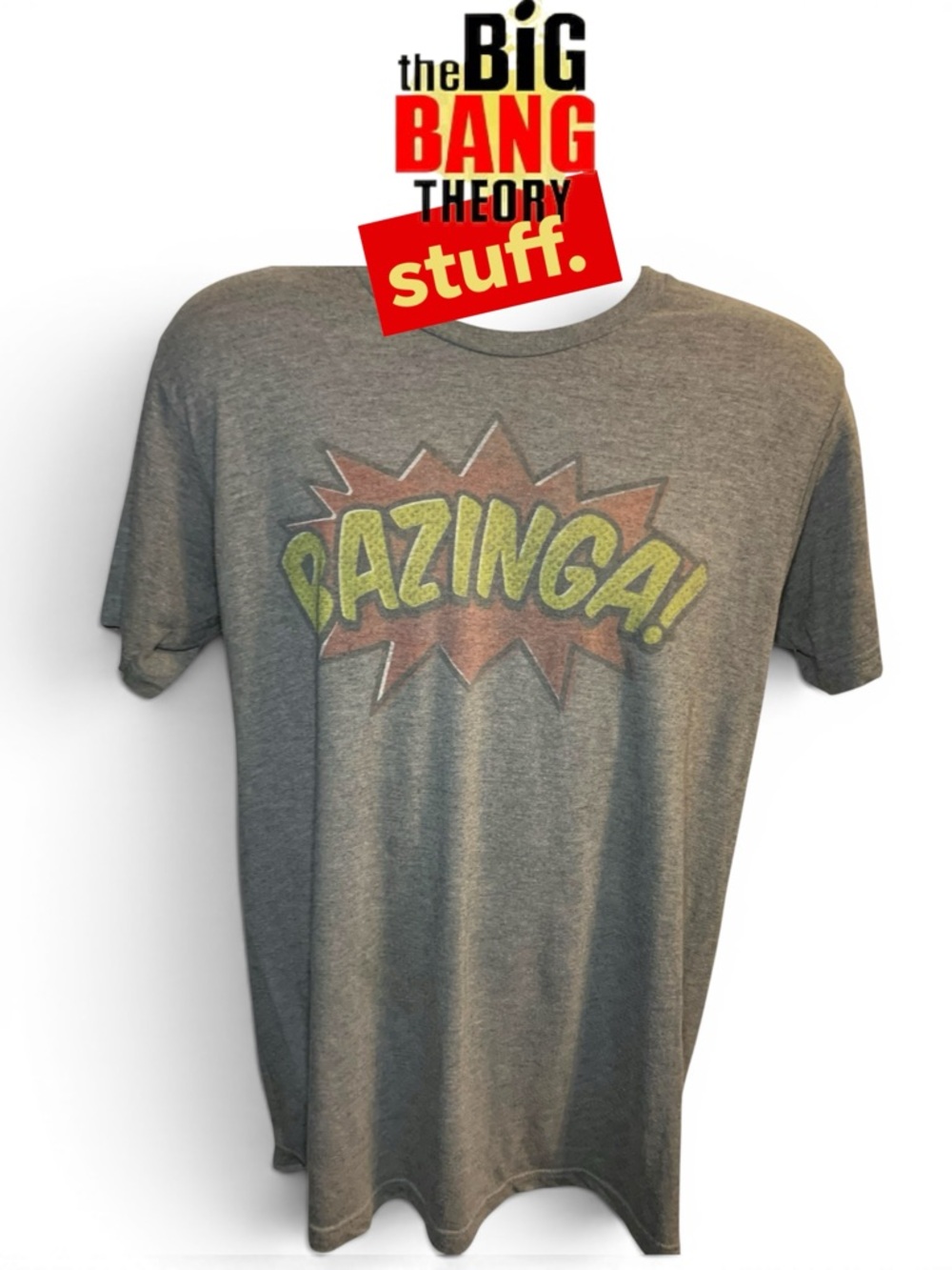 Ripple Junction Grey 'Bazinga!' Graphic Tee with Yellow and Red Logo (10314)